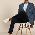 INVICTUS Men Navy Blue Slim Checked Pure Linen Single-Breasted Smart Casual Blazer