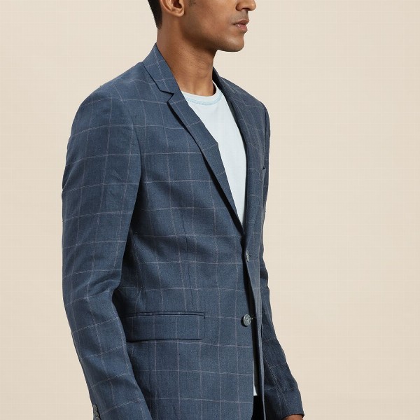 INVICTUS Men Navy Blue Slim Checked Pure Linen Single-Breasted Smart Casual Blazer