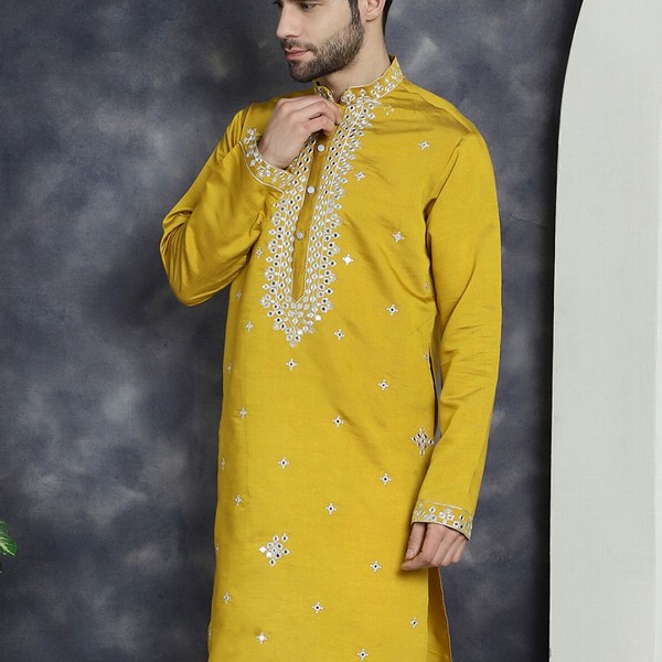 Jompers Geometric Embroidered Mandarin Collar Mirror Work Cotton Silk Straight Kurta