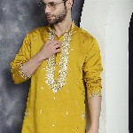 Jompers Geometric Embroidered Mandarin Collar Mirror Work Cotton Silk Straight Kurta