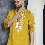Jompers Geometric Embroidered Mandarin Collar Mirror Work Cotton Silk Straight Kurta