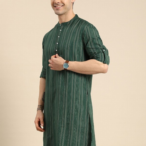 Anouk Men Green & Gold-Toned Striped Mandarin-Collar Kurta