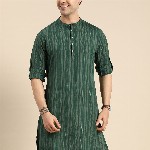 Anouk Men Green & Gold-Toned Striped Mandarin-Collar Kurta