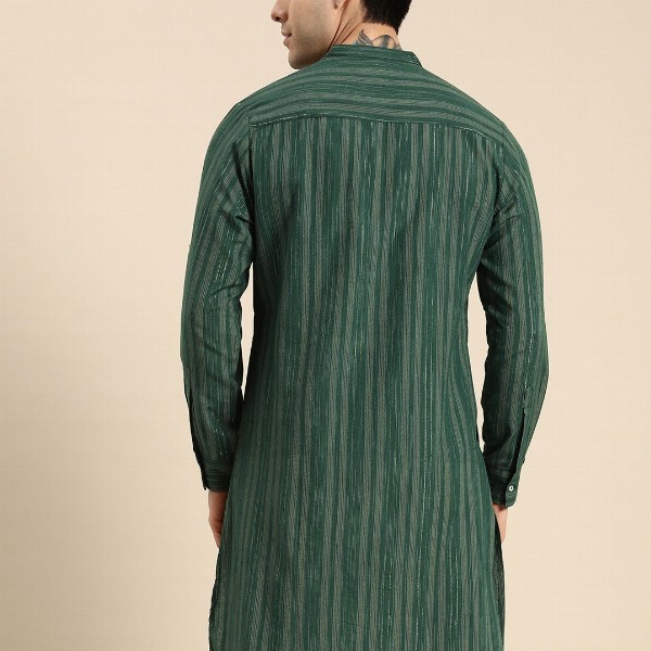 Anouk Men Green & Gold-Toned Striped Mandarin-Collar Kurta
