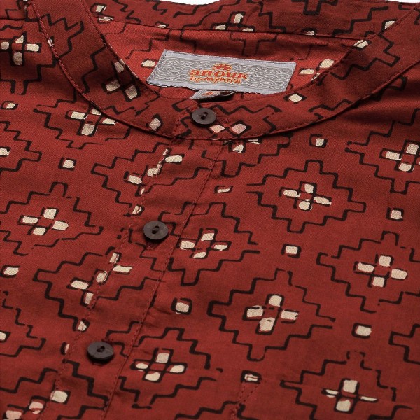 Anouk Men Red & Cream-Coloured Ethnic Motifs Printed Pure Cotton Short Kurta