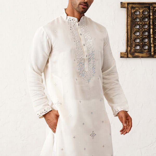 Jompers Floral Embroidered Mirror Work Mandarin Collar Cotton Silk Straight Kurta