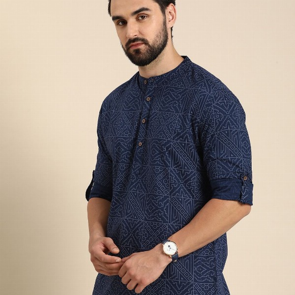 Anouk Men Geometric Printed Cotton Indigo Short Kurta