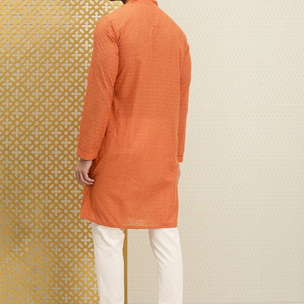 House of Pataudi Men Orange Jashn Chikankari Embroidered Kurta
