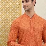 House of Pataudi Men Orange Jashn Chikankari Embroidered Kurta
