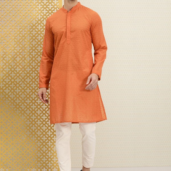 House of Pataudi Men Orange Jashn Chikankari Embroidered Kurta