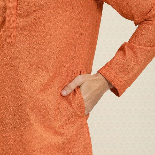 House of Pataudi Men Orange Jashn Chikankari Embroidered Kurta