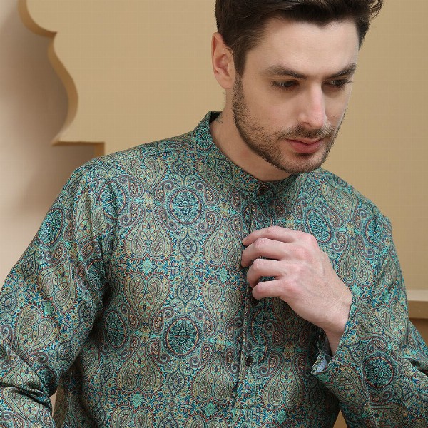 Anouk Rustic Paisley Printed Band Collar Straight Kurta