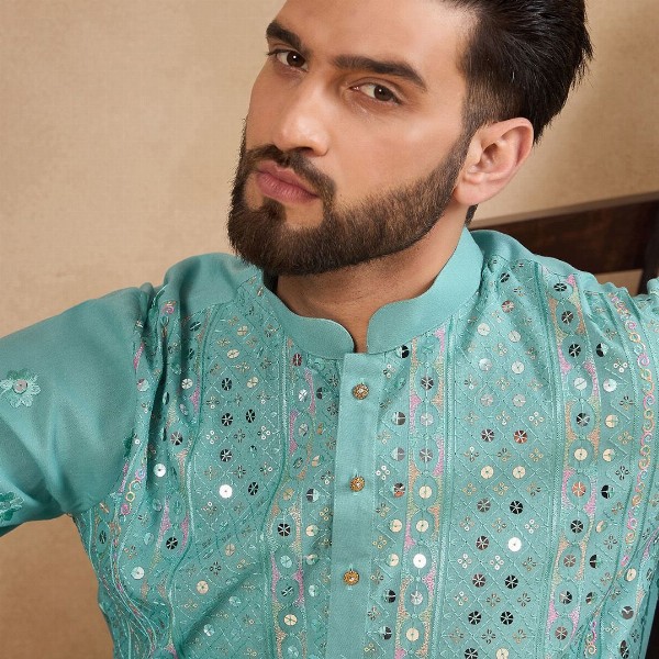 House of Pataudi Embellished Mandarin Collar Straight Kurta