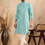 House of Pataudi Embellished Mandarin Collar Straight Kurta