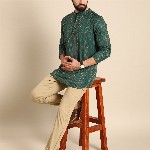 Anouk Men Green & Gold-Toned Striped Thread Work Straight Short Kurta
