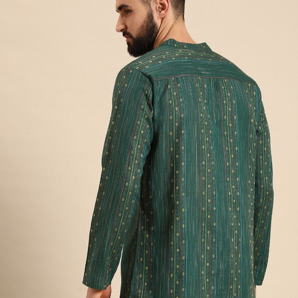 Anouk Men Green & Gold-Toned Striped Thread Work Straight Short Kurta