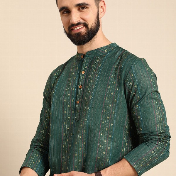 Anouk Men Green & Gold-Toned Striped Thread Work Straight Short Kurta