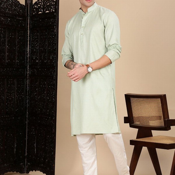 House of Pataudi Textured Mandarin Collar Cotton Straight Kurta