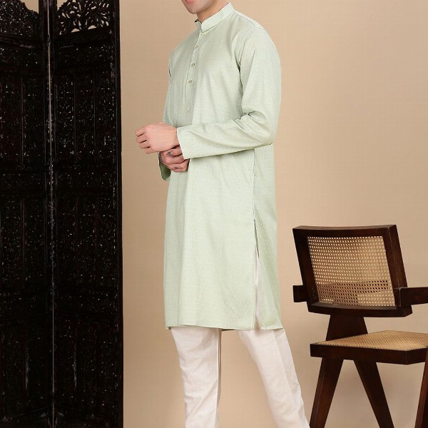 House of Pataudi Textured Mandarin Collar Cotton Straight Kurta