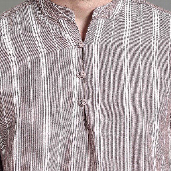 HERE&NOW Striped Mandarin Collar Long Sleeves Cotton A-Line Short Kurta