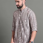 HERE&NOW Striped Mandarin Collar Long Sleeves Cotton A-Line Short Kurta