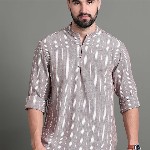 HERE&NOW Striped Mandarin Collar Long Sleeves Cotton A-Line Short Kurta