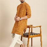 Anouk Men Mustard Yellow & White Geometric Printed Kurta
