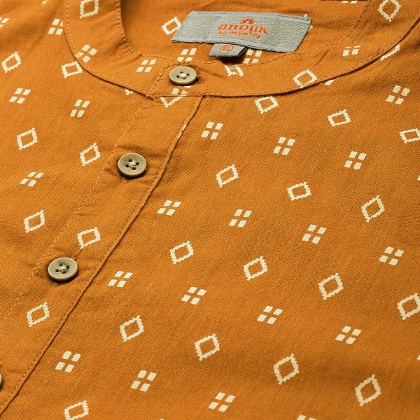 Anouk Men Mustard Yellow & White Geometric Printed Kurta