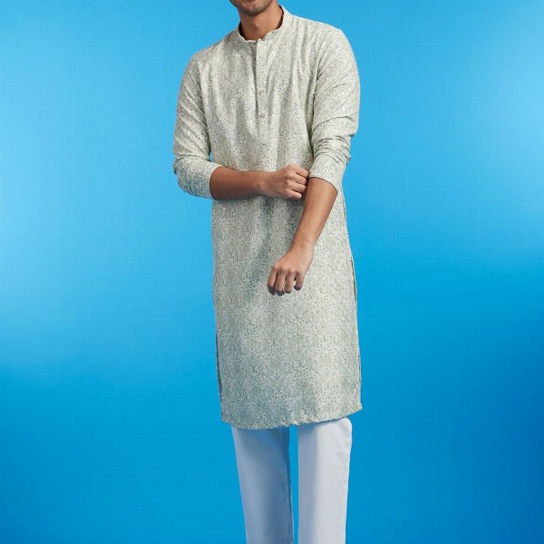 Diwas by Manyavar Ethnic Motifs Printed & Sequinned Mandarin Collar Cotton Straight Kurta