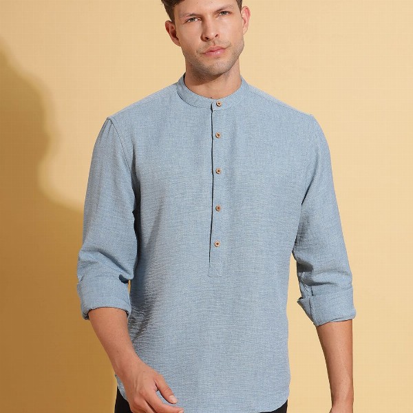 HERE&NOW Band Collar Cuffed Sleeves Straight Short Kurta
