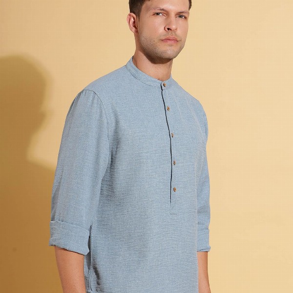 HERE&NOW Band Collar Cuffed Sleeves Straight Short Kurta