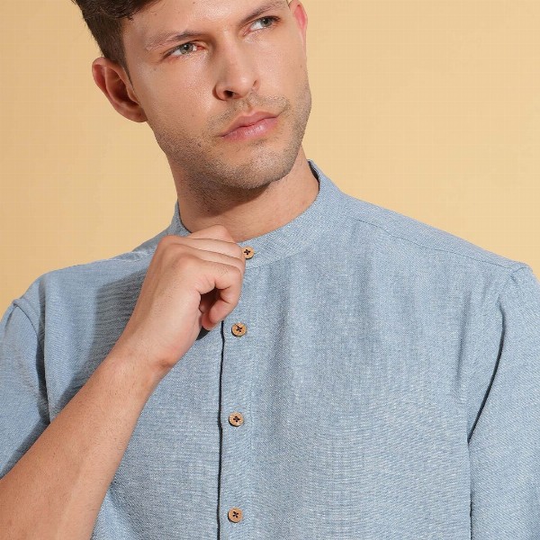 HERE&NOW Band Collar Cuffed Sleeves Straight Short Kurta