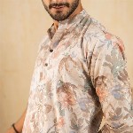 Shasak Floral Foil Printed Pastel Mandarin Collar Straight Cotton Kurta