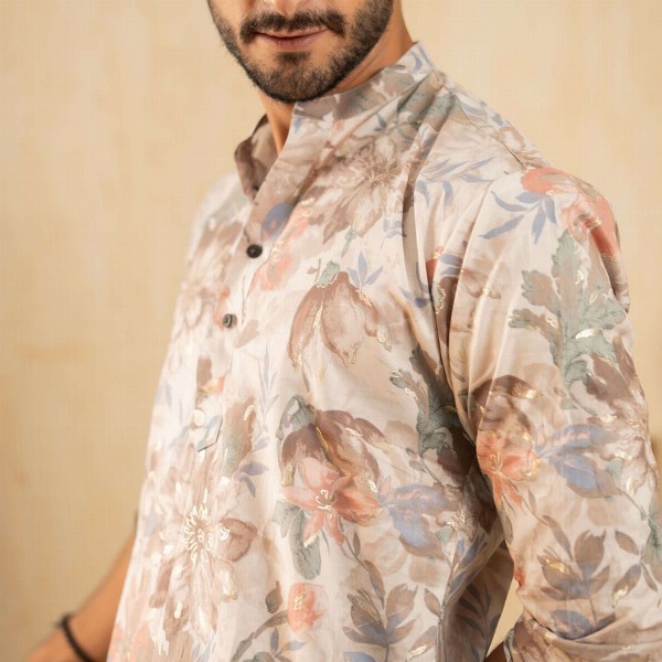 Shasak Floral Foil Printed Pastel Mandarin Collar Straight Cotton Kurta