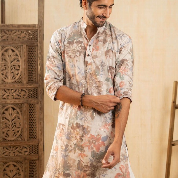 Shasak Floral Foil Printed Pastel Mandarin Collar Straight Cotton Kurta