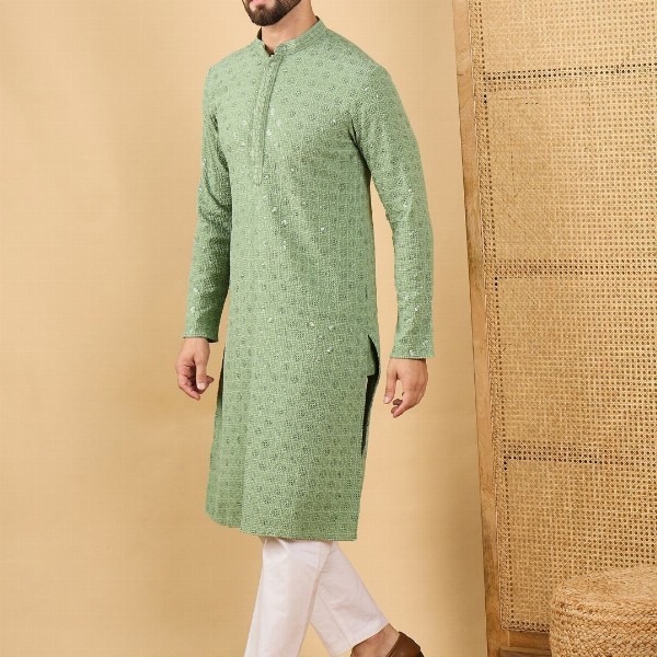 House of Pataudi Embroidered Sequinned Mandarin Collar Straight Kurta