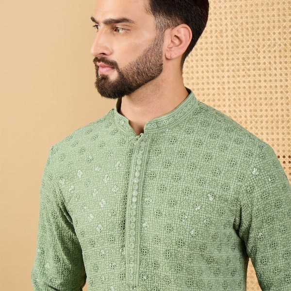 House of Pataudi Embroidered Sequinned Mandarin Collar Straight Kurta