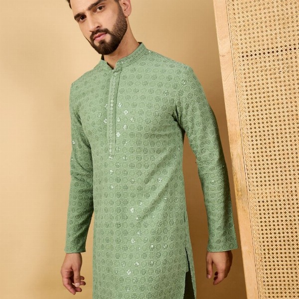 House of Pataudi Embroidered Sequinned Mandarin Collar Straight Kurta