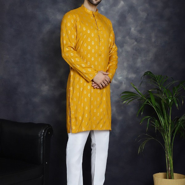 Anouk Mustard Yellow Ethnic Motifs Printed Band Collar Straight Kurta