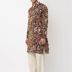 BELLAZO Men Floral Printed Screen Print Festive Cotton Straight Kurta