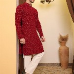 House of Pataudi Ethnic Motif Embroidered Mandarin Collar Round Neck Sequins Kurta