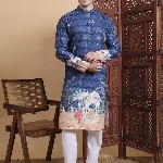 House of Pataudi Ethnic Motifs Embroidered Sequinned Mandarin Collar Pure Cotton Kurta