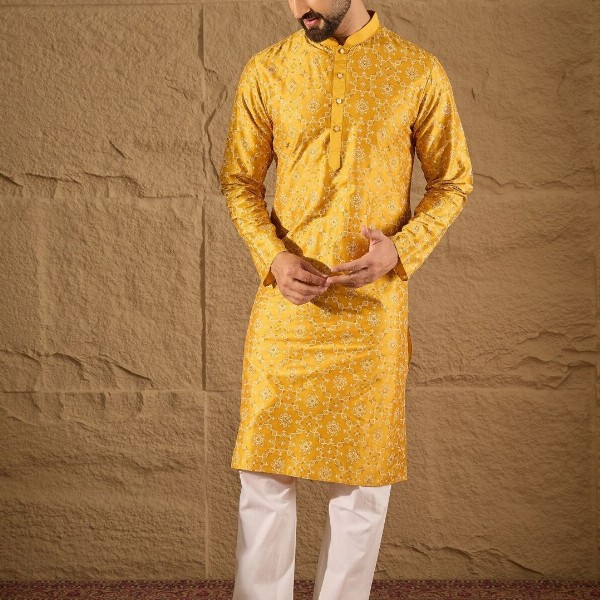 House of Pataudi Geometric Printed Mandarin Collar Silk Straight Kurta