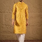 House of Pataudi Geometric Printed Mandarin Collar Silk Straight Kurta