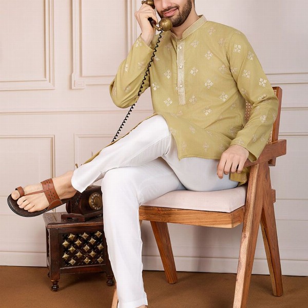 House of Pataudi Pushpa Geometric Embroidered Mandarin Collar Pure Cotton Straight Kurta