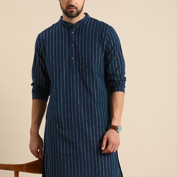 Anouk Men Navy Blue Striped Pure Cotton Kurta