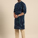 Anouk Men Navy Blue Striped Pure Cotton Kurta