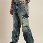 HERE&NOW Men Relaxed Cargo Pure Cotton Heavy Fade Jeans