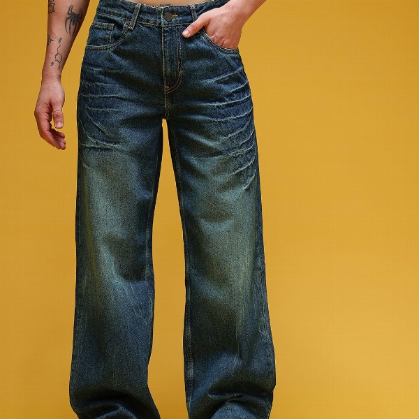 HERE&NOW Men Mid-Rise Acid Wash Crinkled Light Fade Pure Cotton Baggy Fit Jeans