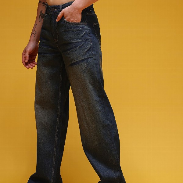 HERE&NOW Men Mid-Rise Acid Wash Crinkled Light Fade Pure Cotton Baggy Fit Jeans